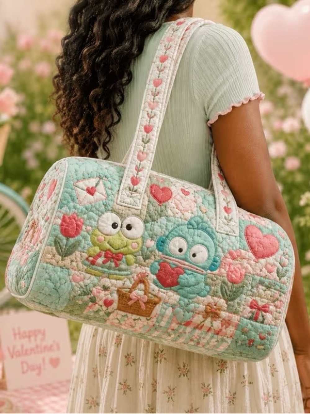 Sanrio Quilted Pastel Floral kuroppi Duffle Bag - Pink & Mint - Picture 2 of 3